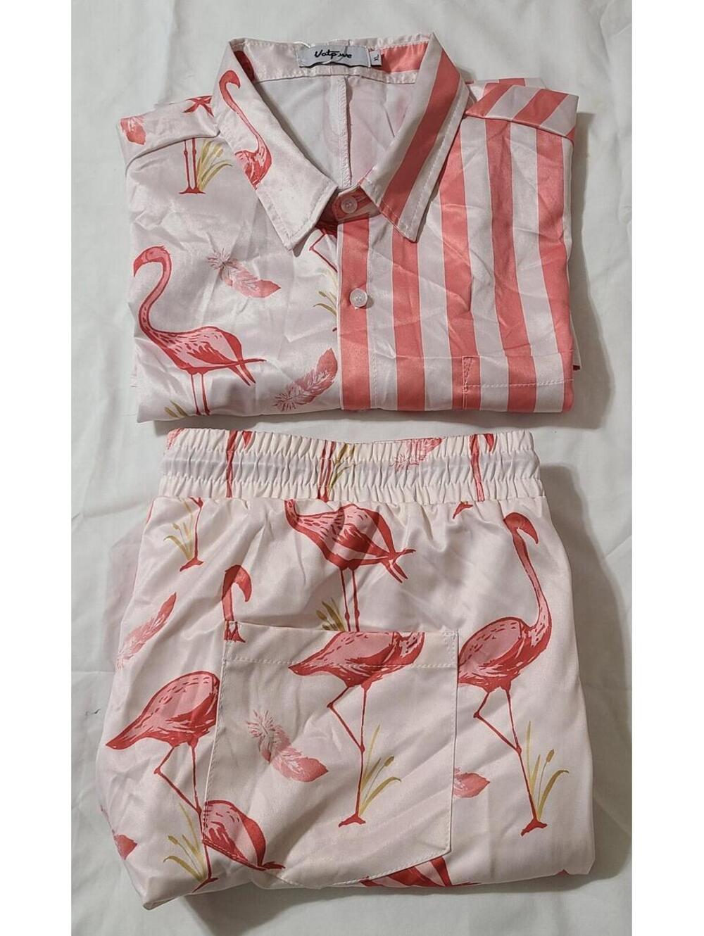 2pc NWT Hawaiian Flamingo Shirt & Short Set Mens Sz XL Pink White Casual Vatpave
